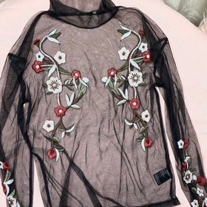 Sheer rose embroidered long sleeve top